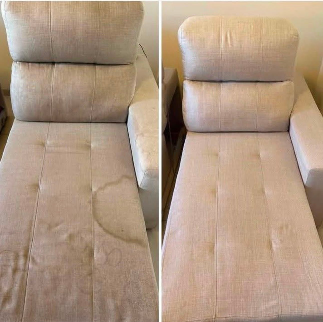 Antes y después de la limpieza de sofá chaise longue