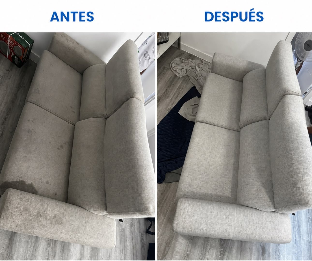Antes y después de la limpieza de sofá de tela